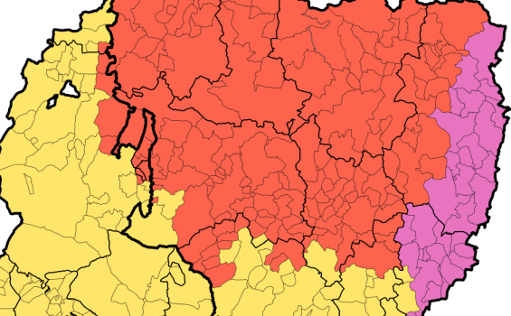 En rojo, municipios del Alto Aragón analizados en el Estudio Sociolingüística del aragonés, por su presencia de esta lengua